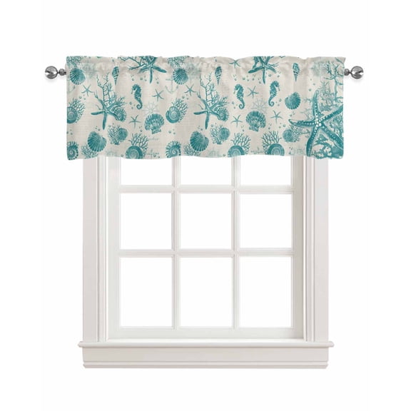 Turquoise Starfish Kitchen Valances for Windows Farmhouse Linen Window Valance Curtain for Living Room Window Treatment Ocean Nautical Seahorse Coral Shell Valance Rod Pocket Topper, 42 x 18 Inch