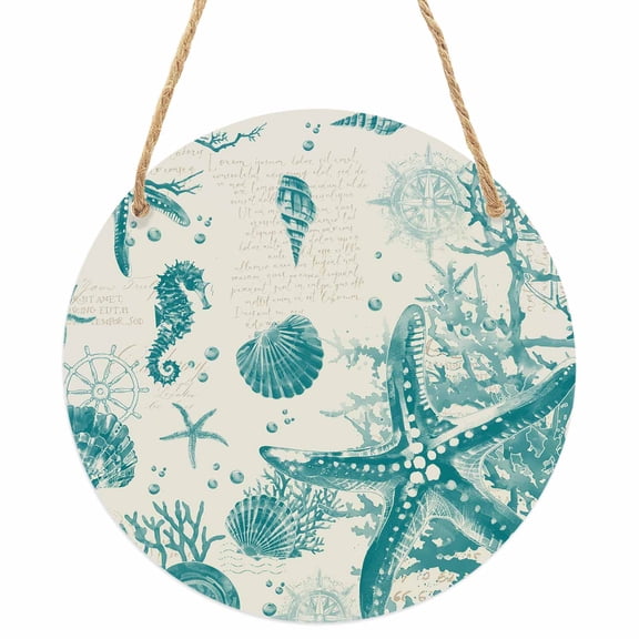 Turquoise Starfish Round Front Door Welcome Sign, 7.8 Inch Wall Hanging Decor for Indoor Outdoor, Ocean Nautical Seahorse Coral Shell Home Porch Hanger Decorations for Holiday Gift
