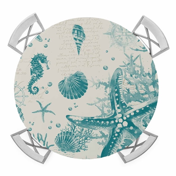 Turquoise Starfish Round Tablecloth for 45-54 Inch Tables,Fitted Table Cover with Elastic Edge,Ocean Nautical Seahorse Coral Shell Waterproof Outdoor Table Cloth Protector for Patio Garden Dinner