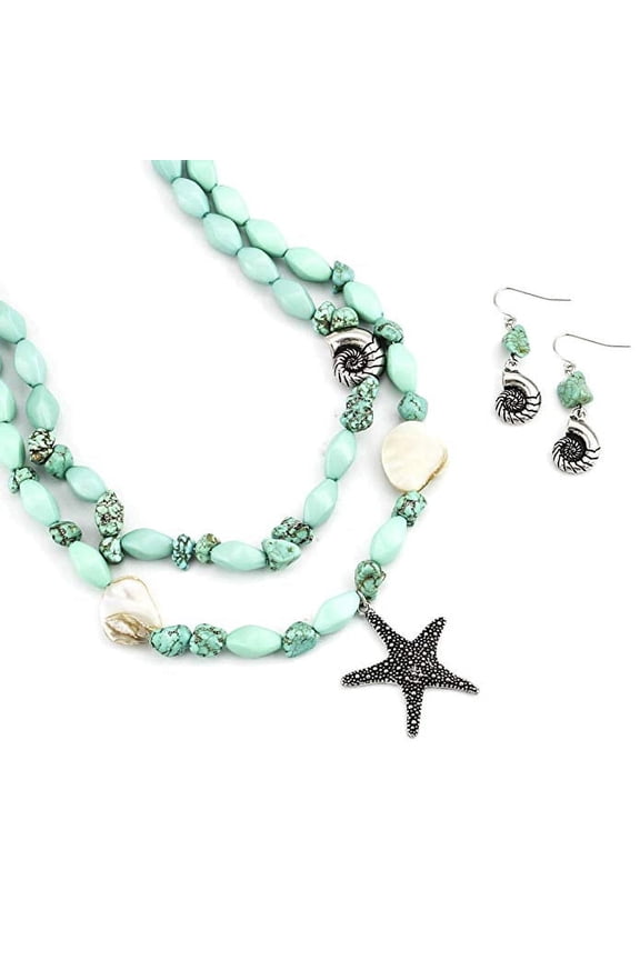 Coastal Turquoise Beaded Starfish Seashell Statement Necklace and Earring Set - Beach Theme Jewelry Necklace Earring