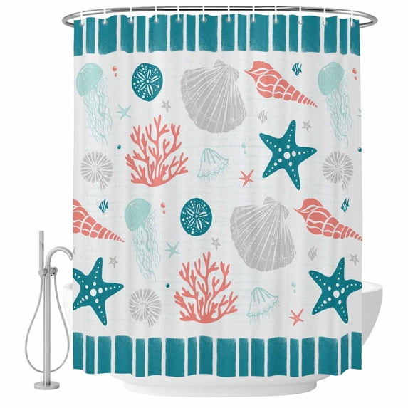 Turquoise Starfish Shell Fabric Shower Curtain Ocean Jellyfish Coral Stripe Washable Shower Curtains for Bathroom, Waterproof Bath Curtain with Hooks Home Decor 36x72in