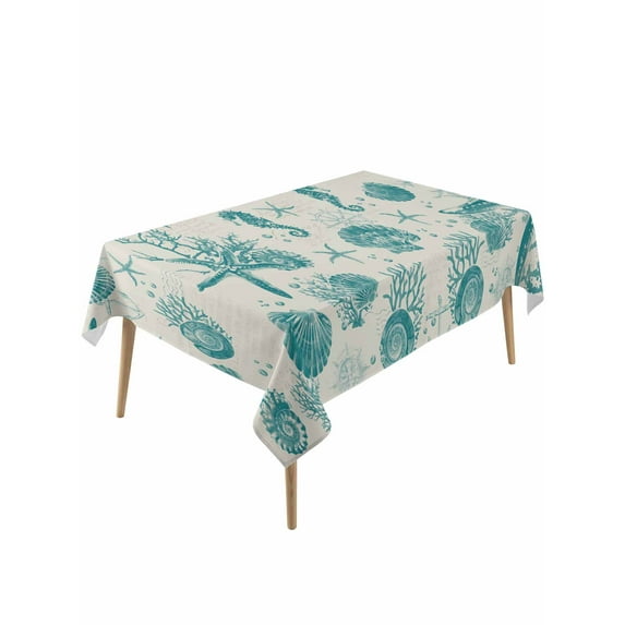 Turquoise Starfish Table Cloth, Ocean Nautical Seahorse Coral Shell Waterproof Tablecloth for Rectangle Tables, Reusable Washable Fabric Table Cover for Restaurant Kitchen Dining Tables 60"x120"