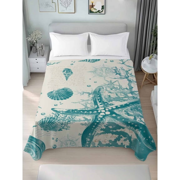 Turquoise Starfish Twim XL Size Flat Sheet, Wrinkleproof & Fadeproof Cooling Flat Bed Sheet Only, Ocean Nautical Seahorse Coral Shell Breathable Soft Bedding Top Sheets 66 x 102 Inches