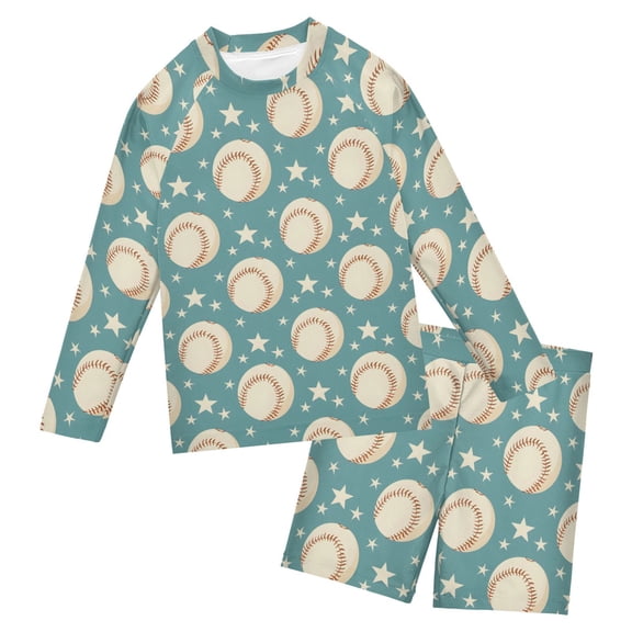 Turquoise Stars Baseball Pattern Boys' Bathing Suit UPF 50+ Boys' Rash Guard Sets Stretchy Quick Dry 3T-10T