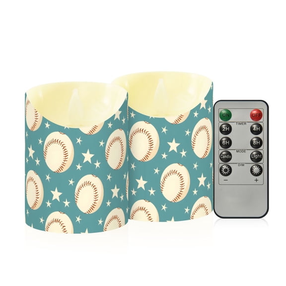 Turquoise Stars Baseball Pattern Flameless Candles 2 PCS with Remote Realistic Moving Flame LED Tapered Pillar Set for Home Decor