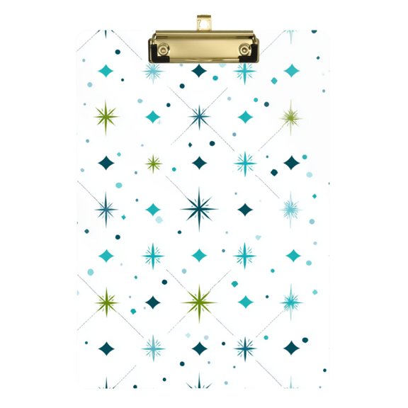 Turquoise Stars Dots Patterns Acrylic Clipboard Drawing Board with Hook Writing Pad File Storage A4 Size Gold 12.5" x 9"