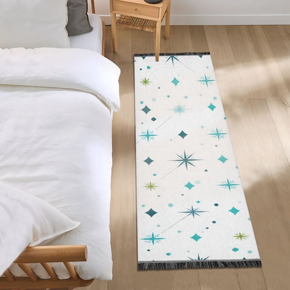 Turquoise Stars Dots Patterns Bedside Runner Rug 2'x 6' Non Slip Carpet Floor Mat Area Rug