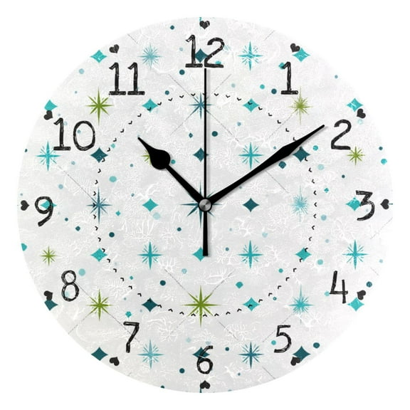 Turquoise Stars Dots Patterns Round Wall Clock Silent Analog Battery Operated Black Pointer Home Decor 9.84" Diameter