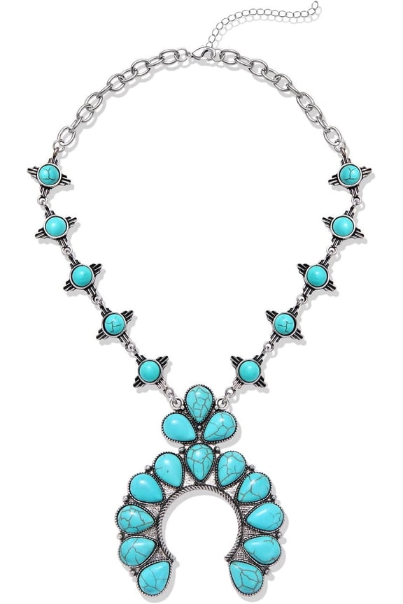 Turquoise Statement Necklace Boho Squash Blossom Concho Pendant Collar Bib Necklace Western Turquoise Jewelry for Women[v1742]