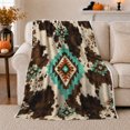 thumbnail image 1 of Turquoise Stepped Diamonds Over Mottled spotted cattle pattern Spots, Soft Flannel Blanket with Rustic Southwestern Geometry Print, Housewarming Gift and Home Decor for Bedroom and Living Room, 1 of 7