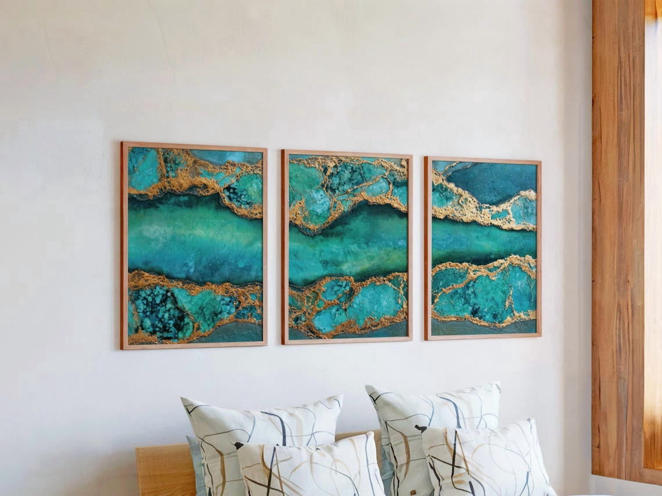 Turquoise Stone Prints Set Of 3, Copper Vein Geological Wall Art ...