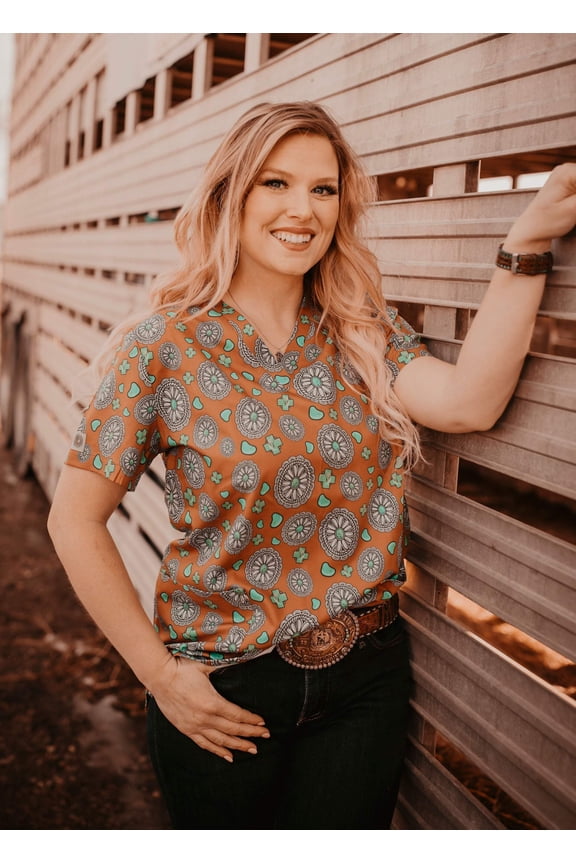 Women's scrub top, Western, Workwear, Uniform, Scrub Sets, Spurrin' Scrubs-Turquoise Stone Scrub Top