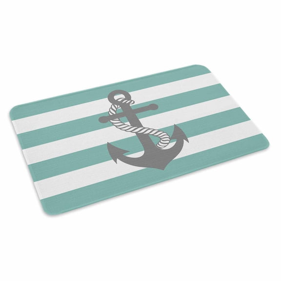 Turquoise Stripe Nautical Doormat Outdoor Entrance 16"x24", Grey Anchor Summer Coastal Absorb Moisture Dirt Door Mats, Non-Slip Rubber Backing Floor Mats Indoor, Low-Profile Front Door Rugs