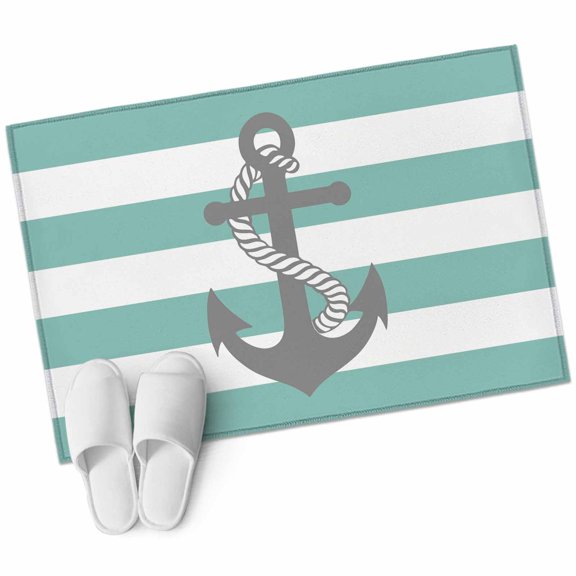Turquoise Stripe Nautical Large Area Rugs for Bedroom Living Room, Soft Non Slip Carpet Bedside Rug, Grey Anchor Summer Coastal Rectangular Floor Cover Kitchen Accent Rug 2'x3' for Dining Room/Office