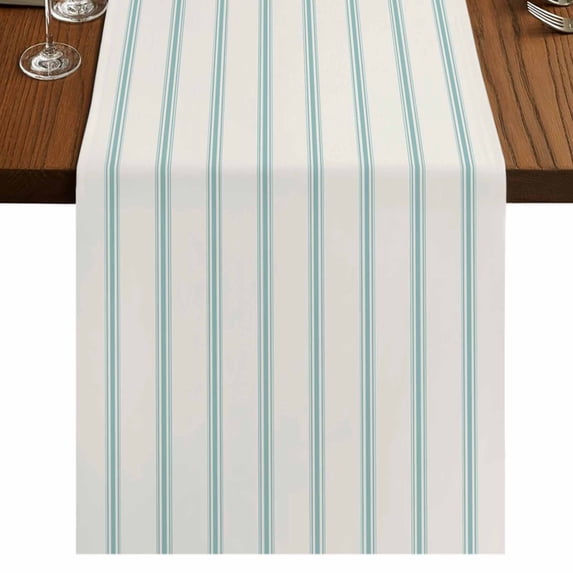 Turquoise Striped 70 Inch Table Runner, Farmhouse Pinstripes Geometric Color Farmhouse Dresser Scarf Cotton & Linen Tablerunner for Dining/Kitchen Island/Holiday Party Décor 13" x 70"