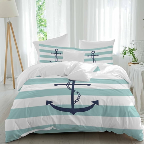 Turquoise Striped Duvet Cover Set Queen Size, Nautical Anchor Abstract Geometric Modern 4 Piece Soft Microfiber Bedding Set with 1 Duvet Cover, 1 Flat Sheet, 2 Pillowcases