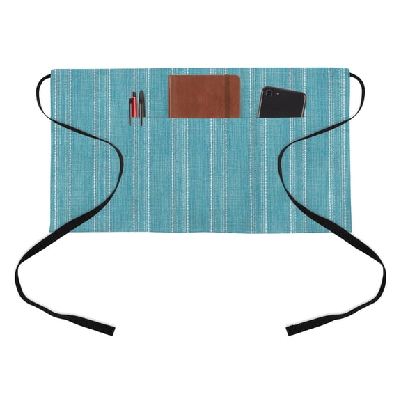 Turquoise Striped Kitchen Restaurant Half Waist Apron, Coastal Grandma Farmhouse Rustic Linen Texture Server Short Apron with 3 Pockets Waterproof Oil Waist Aprons for Women Waitress Waiter