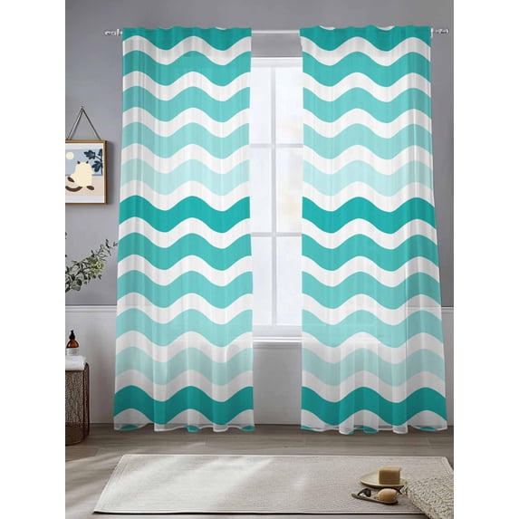 Turquoise Striped Ombre Sheer Curtains for Living Room Bedroom Geometric Modern Gradient Ocean White Sheer Curtains 84 Inch Long 2 Panels Set Light Filtering Curtain Window Treatments Drapes