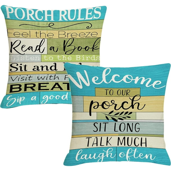 Turquoise Striped Outdoor Pillows Covers 18x18 for Patio Furniture Waterproof, Welcome to Our Porch Throw Pillow Covers Square Linen for Couch Outside Bench Set of 2