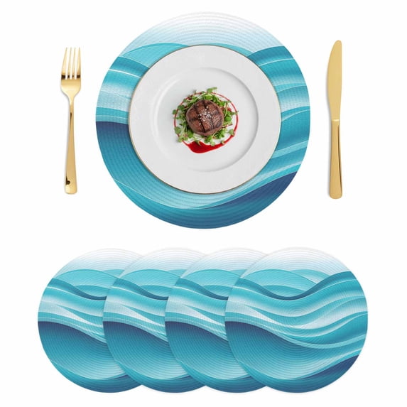 Turquoise Striped Round 13 Inch Placemats Set of 4, Modern Abstract Art Wave Moire Gradient HeatResistant Non Slip Place Mats for Dining Table, Wipeable Braided Kitchen Table Mats for Housewarming