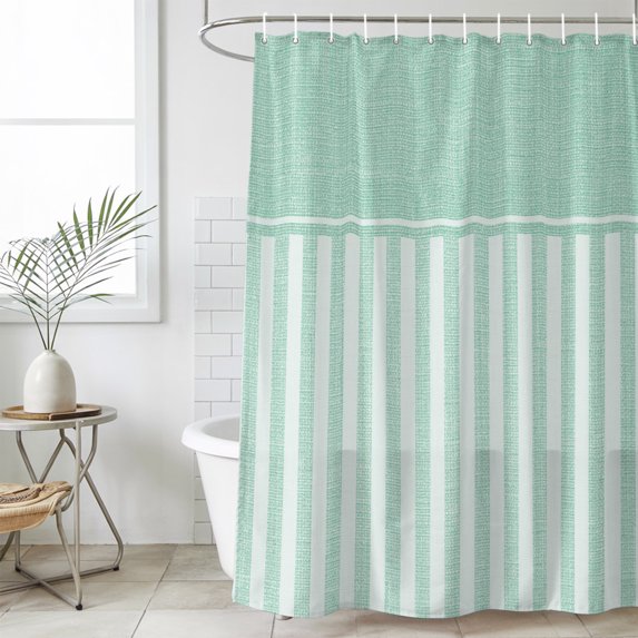 Turquoise Striped Shower Curtain Set, Waterproof Shower Curtains for Bathroom, Boho Stripes Minimalist Linen Texture Washable Fabric Cloth Bath Curtain for Bathtub Decoration with Hooks 60x72 Inches