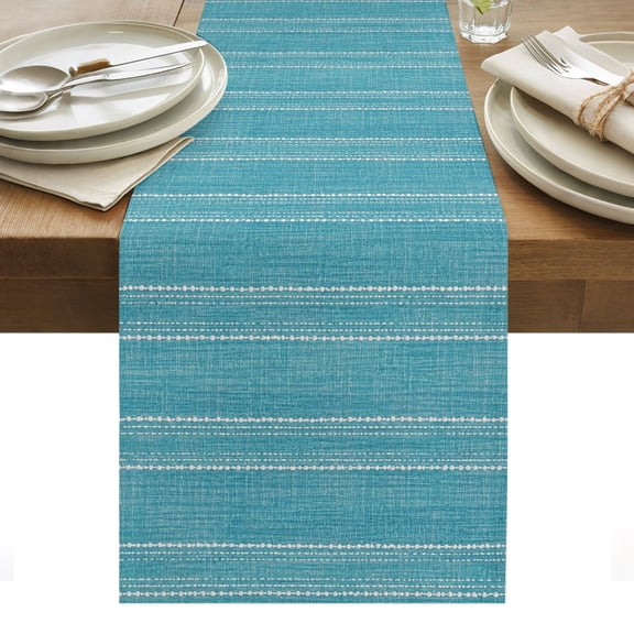Turquoise Striped Table Runner, Coastal Grandma Farmhouse Rustic Linen Texture Washable Kitchen Table Runners Dress Scarves for Dining Table Decorations Party/Restaurant/Indoor Outdoor Use, 18x72in