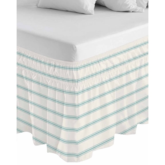 Turquoise Striped Wrap Around Bed Skirts for Queen Bed 16" Drop,Bed Skirt with Adjustable Elastic Belt Dust Ruffle Bed Valance for Bedroom Hotel Farmhouse Pinstripes Geometric Color Bed Frame Cover