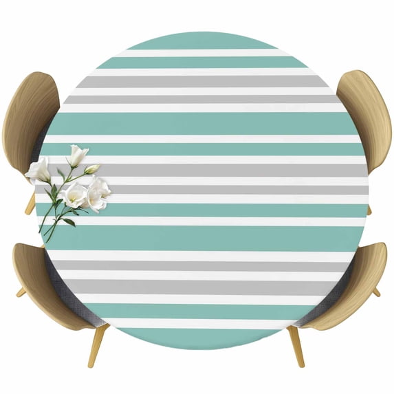 Turquoise Stripes Round Tablecloth, Fitted Table Cover with Elastic for 55"-60" Round Tables, Modern Minimalist Horizontal Lines Table Cloth Outdoor Indoor Dinning Party Waterproof Tablecloths