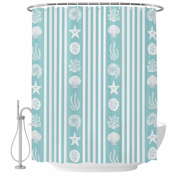 Turquoise Stripes Shell Fabric Shower Curtain Ocean Starfish Jellyfish Coral Washable Shower Curtains for Bathroom, Waterproof Bath Curtain with Hooks Home Decor 72x72in