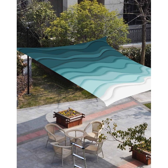 Turquoise Stripes Sun Shade Sail 6.5'x10' Rectangle Outdoor Shade Canopy, Farmhouse Gradient Sea Waves Beach Porch Shades Outdoor Sun Blocking Screen, Sunshade Cloth Covers for Patio/Deck/Garden