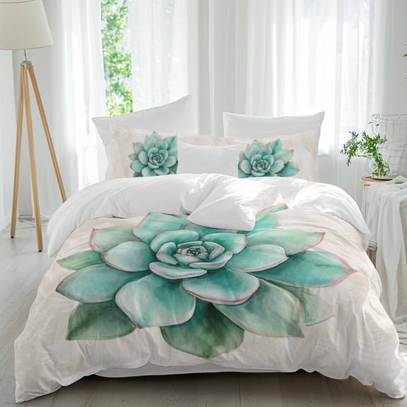 Turquoise Succulent Queen Size Comforter Set, Watercolor Green Leaves Ferns Plants Bedding for All Seasons, 4 Pcs Bed Set, 1Quiltcover (90"x92") ,1Sheet(94"x116"), 2Pillowcases (30"x20")