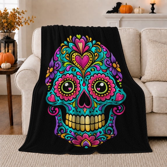 Turquoise Sugar Skull with Heart Crown, Playful Folk Art Style for Skull Art Lovers, Floral Face Pattern and Halloween Gift, Soft Flannel Blanket for Bedroom and Living Room, Gothic Home Decor