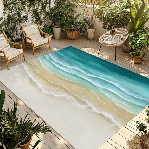 Turquoise Summer Beach Coastal Outdoor Rug for Patio/Deck/Porch, Non-Slip Large Area Rug 5 x 8 Ft, Nautical Beige Seaside Indoor Outdoor Rugs Washable Area Rugs, Reversible Camping Rug Carpet Runner