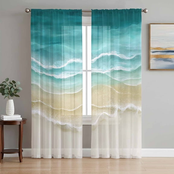 Turquoise Summer Beach Coastal Sheer Curtains 108 Inch Length 2 Panels Set Window Treatments, Nautical Beige Seaside Rod Pocket Semi Curtains for Living Room/Bedroom/Kitchen Décor, 104"W x 108"L