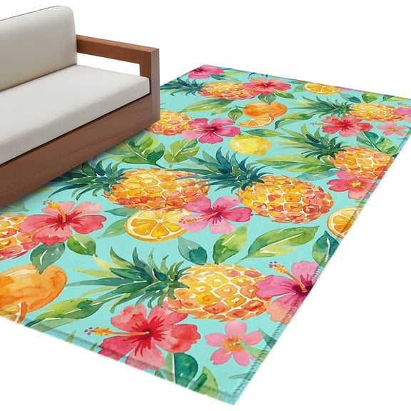 Turquoise Summer Pineapple Area Rug 3x5 Washable Rug Non Slip Tropical Lemon Fruits Leaves Large Area Rug Indoor Floor Carpet for Entryway Bedroom Kitchen Living Room Home Office Dining Room Nursery