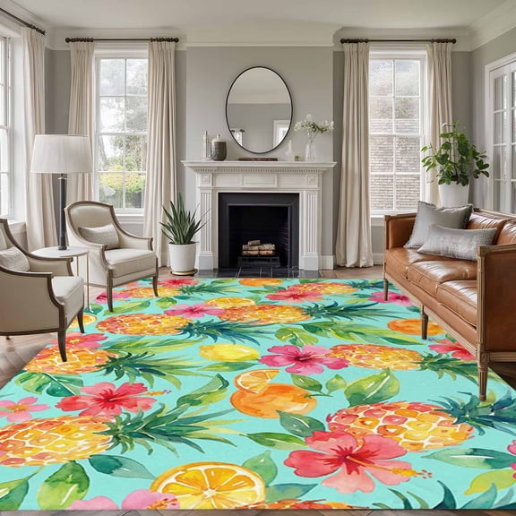 Turquoise Summer Pineapple Area Rugs 5'x8', Washable Small Throw Rugs for Classroom Bedroom, Tropical Lemon Fruits Leaves Indoor Outdoor Rug Non-Slip Low Pile Carpet Runner Reversible Floor Mats