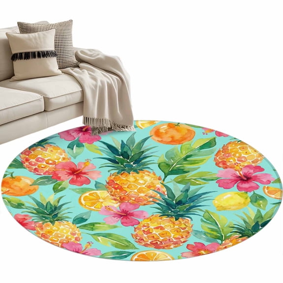 Turquoise Summer Pineapple Round Rug 3ft Washable Circle Entryway Rugs Non Slip Tropical Lemon Fruits Leaves Area Rug Indoor Floor Carpet for Bedroom Kitchen Living Room Office Dining Room Nursery