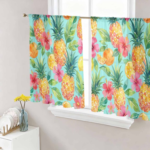 Turquoise Summer Pineapple Sheer Curtains 54 Inch Length 2 Panels Set, Tropical Lemon Fruits Leaves Voile Window Treatment Rod Pocket Short Kitchen Curtains Drapes for Bedroom 52"x54"x2