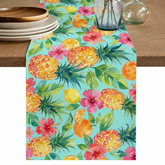 Turquoise Summer Pineapple Table Runner 108 Inches, Tropical Lemon Fruits Leaves Bed Runner Dresser Scarves Tabletop for Indoor Outdoor Parties/Ceremony/Banquet, 13"x 108"