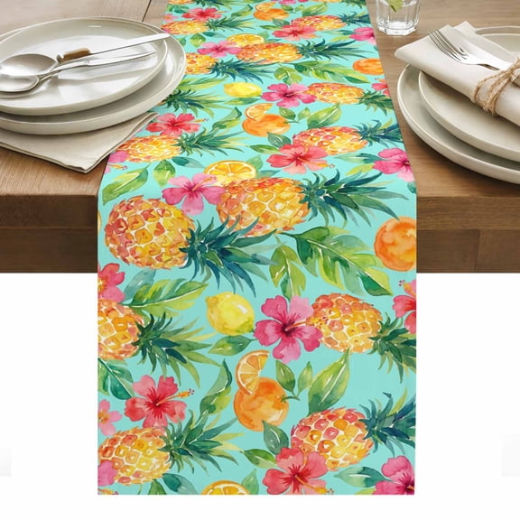 Turquoise Summer Pineapple Table Runner Tropical Lemon Fruits Leaves Tablerunners 14 x 72 Inch, Table Decorations Tabletop Scarf for Summer Gathering Holiday Farmhouse Kitchen Dining Decor