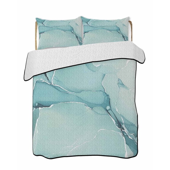 Turquoise Summer Quilt Set King Size, Soft Microfiber Quilted Bedding Set with 2 Pillow Shams, Modern Marble Ink Painting Abstract Art Lightweight All Season Bedspread Coverlet for Bedroom 96"x106"