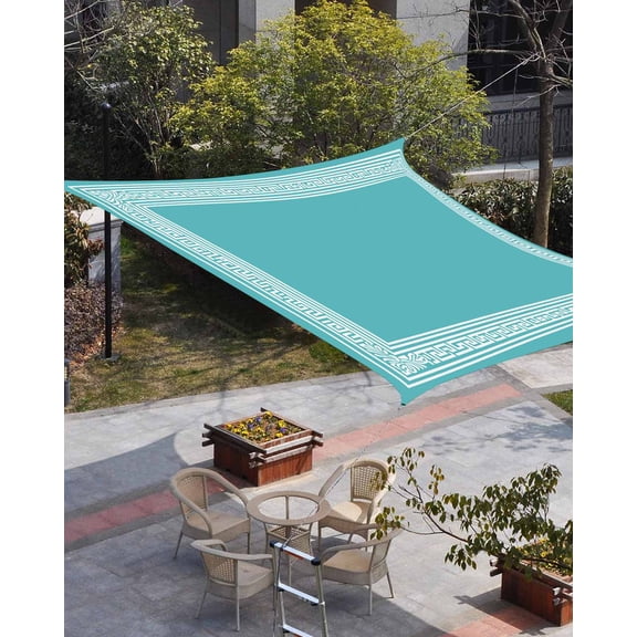 Turquoise Sun Shade Sail 12'x16' Rectangle Outdoor Shade Canopy, Geometric Boho Ethnic Tile Chic Monochrome Porch Shades Outdoor Sun Blocking Screen, Sunshade Cloth Covers for Patio/Deck/Garden