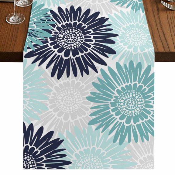 Turquoise Sunflowers Burlap Cotton Table Runner 13x48 Inches Long, Boho Vintage Floral Rustic Blossom Farmhouse Table Runners, Outdoor Dining Tablecloths Decor for Baby Shower/Party/Wedding