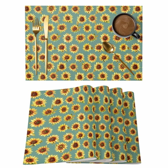 Turquoise Sunflowers Fall Placemats Set of 12, Thanksgiving Botanical Floral Placemats for Dining Table, Place Mats for Kitchen Tabletop, Waterproof Wipeable Dining Table Mats Set