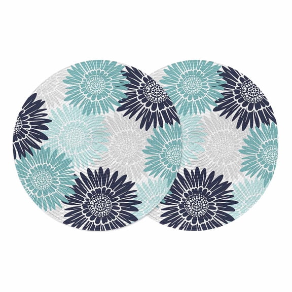 Turquoise Sunflowers Round 13 Inch Placemats Set of 2, Boho Vintage Floral Rustic Blossom HeatResistant Non Slip Place Mats for Dining Table, Wipeable Braided Kitchen Table Mats for Housewarming
