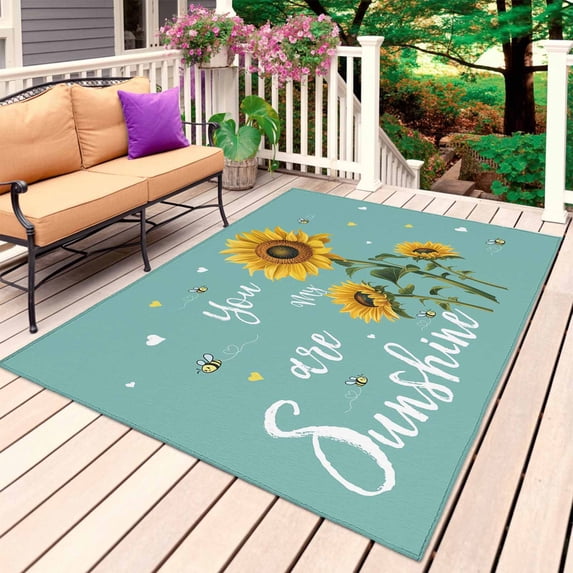 Turquoise Sunshine Sunflower Outdoor Rug 5x7 Ft, Non Slip Washable Area Rug, Pastoral Bees Farmhouse Floral Patio Rugs Carpet Runner, Large Floor Mat for Indoor/Outdoor Deck Porch Camping