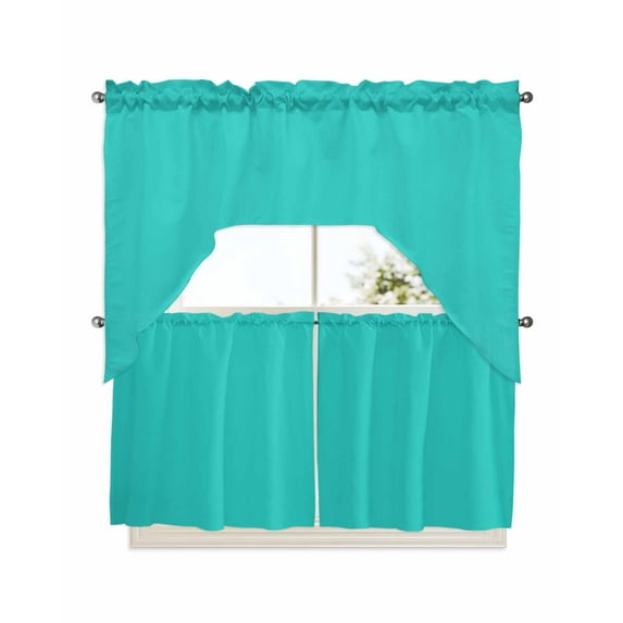 Turquoise Swag Valance and Tier Curtains 24'' Length Set, Modern Pure Turquoise Light Filtering Kitchen Curtains, Tier Curtain Valances for Bathroom/Living Room/Bedroom/Café