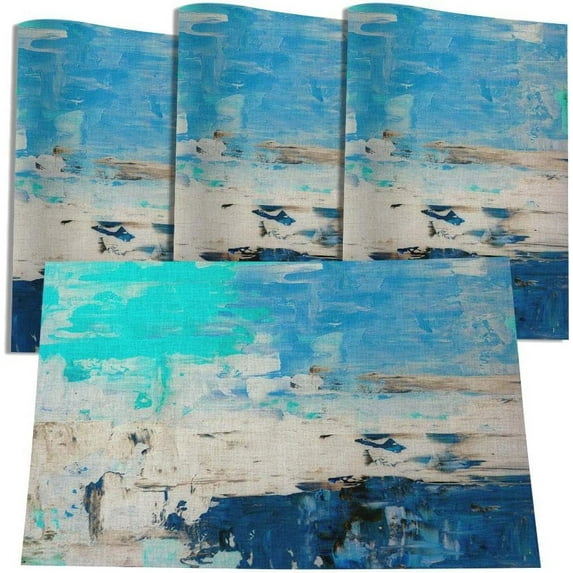 Turquoise Table Mats Burlap Placemats Washable Heat Resistant Place Mats Blue Abstract Art Painting for Party Kitchen Dining 12" X 18" Set of 4