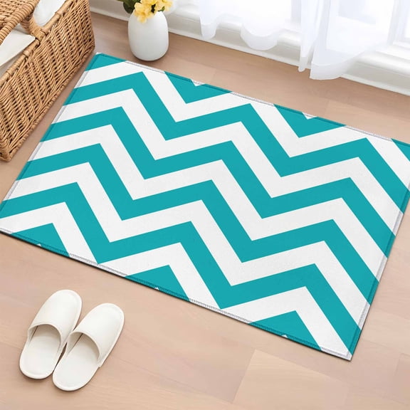 Turquoise Teal 2'x3' Rug for Entryway Front Door Kitchen Sink Area, Chevron Zig Zag Ripple Low Pile Washable Non Slip Rectangle Area Rug