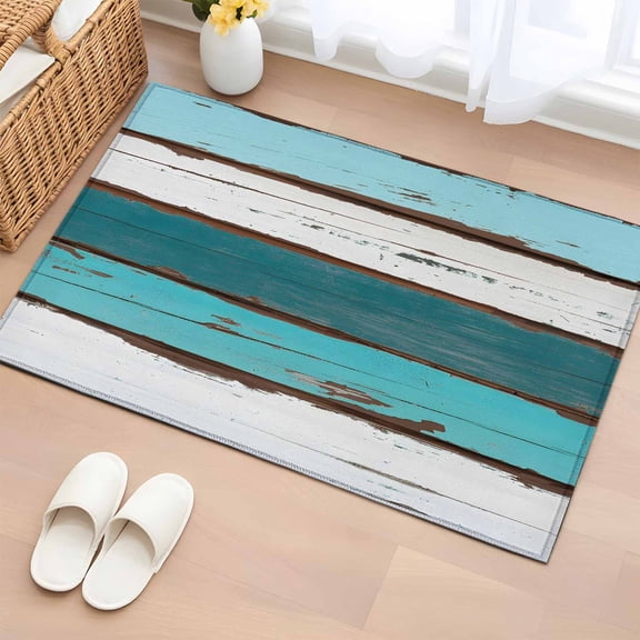 Turquoise Teal 2'x3' Washable Rug, Farmhouse Retro Ombre Wooden Grain Non-Slip Soft Doormat Area Rugs for Entrance Bathroom Bedsides, Front Doormat Carpet for Kitchen Bedroom, Entryway Floor Mat